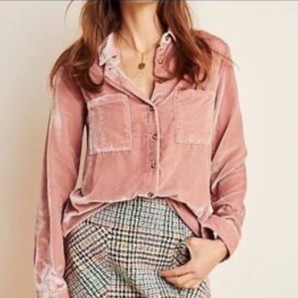 Anthropologie Maeve Blush Velvet Button-Down Shirt size 2